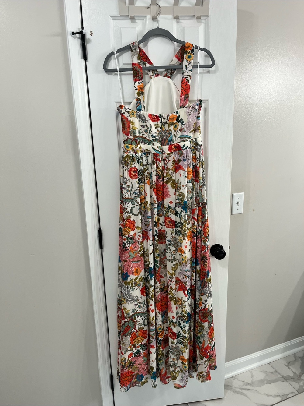 Lulu's Floral Halter Maxi Dress in White with Red & Green Accents - Picture 3 of 4